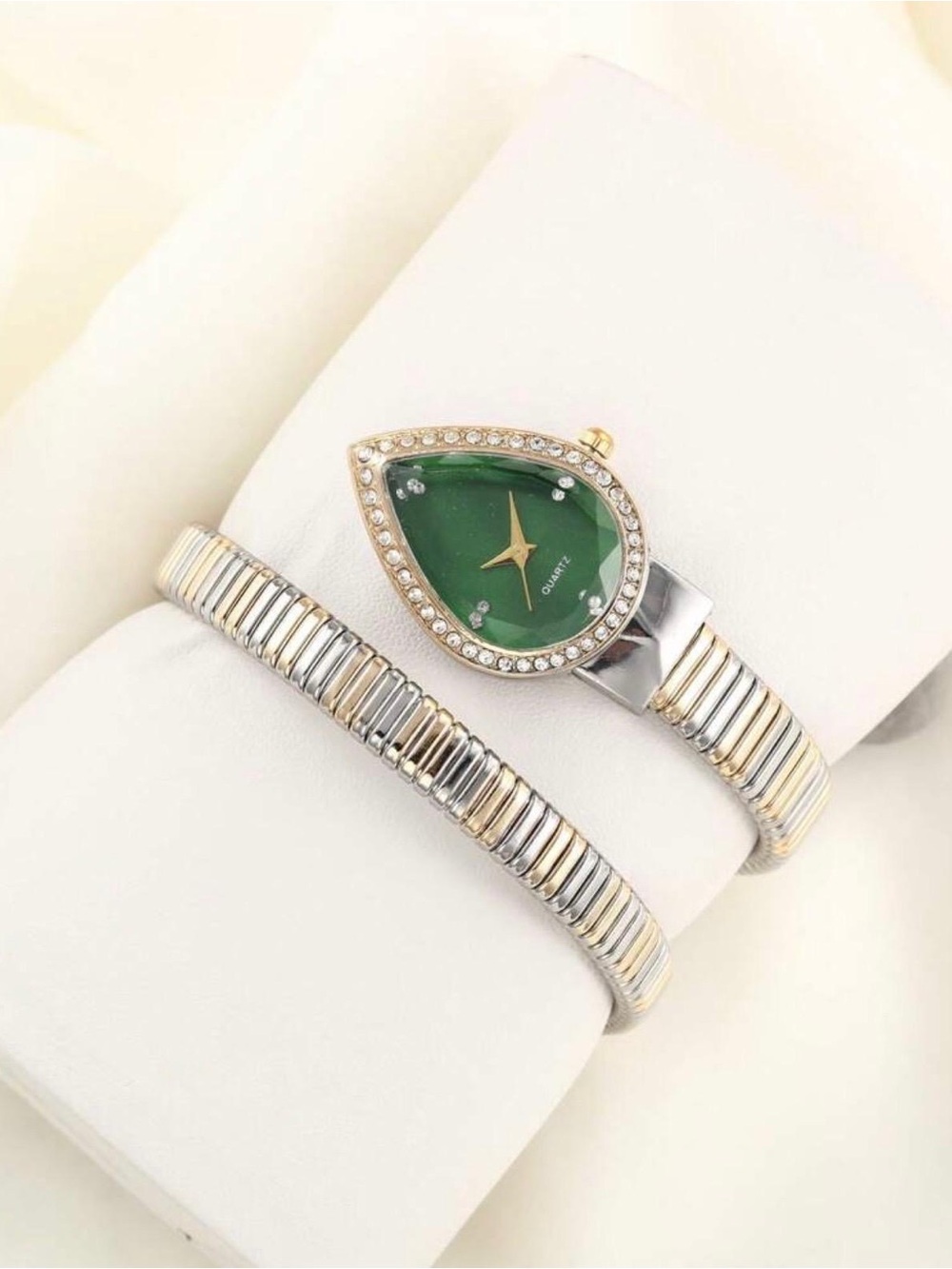 Silver-Tone Bracelet Watch with Green Teardrop Dial